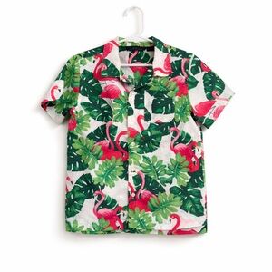 🦩BOYS Janie and Jack Flamingo Tropical Button-Down Shirt | Size 6 | Linen Blend